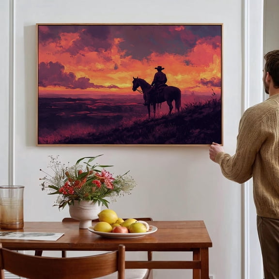 Velto Cowboy at Sunset Canvas Art, Western Landscape Canvas Wall Decor, Rustic Ranch Desert Scene, SIZE 8x10 INCLUDE Pine Wood Frame 1.25-Inch