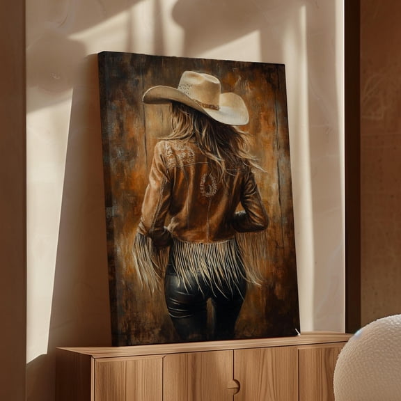 Velto Cowgirl Back View Canvas Art - Western Leather Fringe Jacket, Rustic Country Girl Decor, Vintage Cowgirl Wall Art, SIZE 8x12 INCLUDE Pine Wood Frame 1.25-Inch