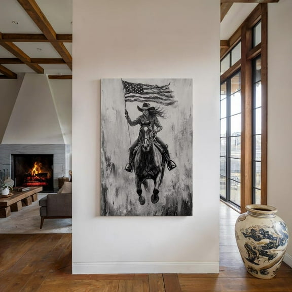 Velto Cowgirl Canvas Wall Art Western Horseback Rider with Flag Rustic Country Inspired Room Decor, SIZE 8x10 INCLUDE Pine Wood Frame 0.75-Inch