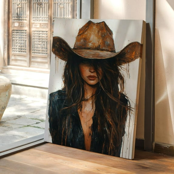Velto Cowgirl Canvas Wall Art - Western Woman In Brown Hat With Brushstroke Texture - Rustic Country Farmhouse Wall Decor Canvas, 16x24 UNFRAMED