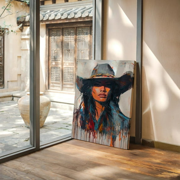 Velto Cowgirl Portrait Canvas Art Bold Western Woman Illustration Vibrant Oil Brush Rustic Boho Inspired Wall Decor, SIZE 12x16 INCLUDE Pine Wood Frame 1.25-Inch