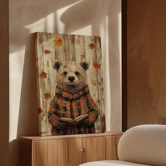 Velto Cozy Autumn Bear Reading Canvas – Rustic Fall Wall Art for Home Styling, SIZE 12x16 INCLUDE Pine Wood Frame 0.75-Inch