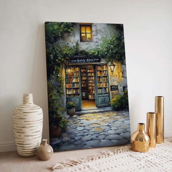 Velto Cozy Bookstore Canvas Wall Art Vintage Library Literary Illustration Sunny Bookshop Inspired Decorative Artwork, SIZE 8x10 INCLUDE Pine Wood Frame 1.25-Inch