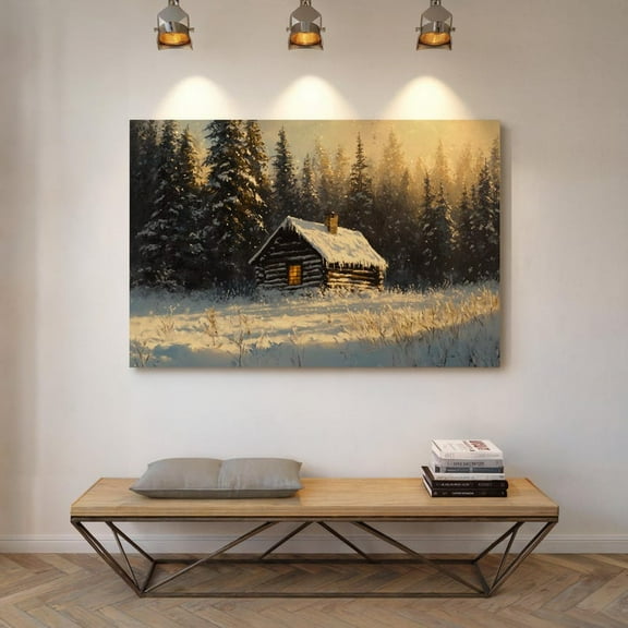 Velto Cozy Cabin in Snow Canvas Art - Winter Forest Scene, Rustic Lodge Wall Decor for Cabin Lovers, SIZE 8x10 INCLUDE Pine Wood Frame 1.25-Inch
