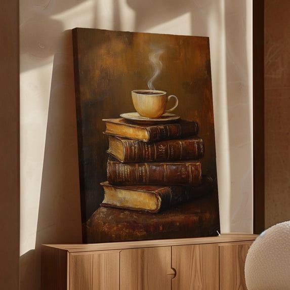 Velto Cozy Coffee And Books Canvas Art - Rustic Vintage Style, Warm Tones, Steaming Cup On Antique Books, Literary Wall Decor, Relaxation Canvas, 16x24 UNFRAMED