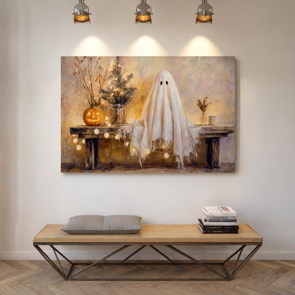 Velto Cozy Ghost Décor | Whimsical Wall Art With Jack?O’-Lantern And String Lights Canvas, 8x10 0.75-Inch Pine Wood Frame