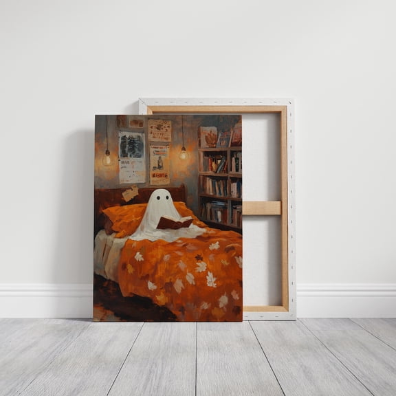 Velto Cozy Ghost Reading In Autumn Bedroom - Whimsical Fall Aesthetic, Charming Spooky Decor For Home Library Or Bedroom Canvas, 16x24 UNFRAMED