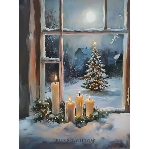 Velto Cozy Holiday Window View With Candles And Tree, Snowy Holiday Home Decor, Winter Wonderland Wall Art Canvas, 8x10 0.75-Inch Pine Wood Frame