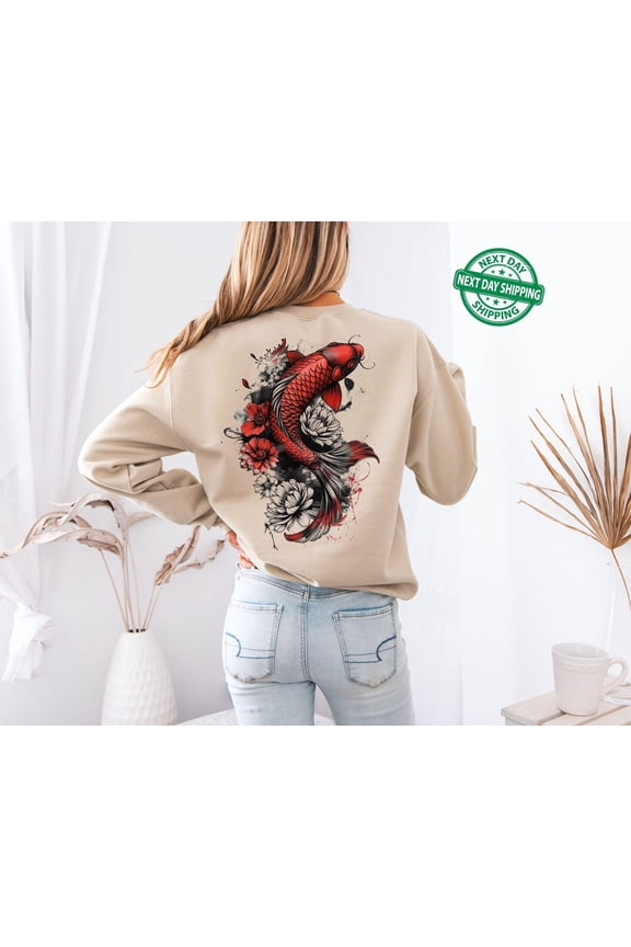 Cozy Vintage Japanese Koi Fish Nautical Animal Asian Art Nouveau Japan Sweater Pond Top Urban Unisex Spring Sweater Tokyo Style All Size S-3XL