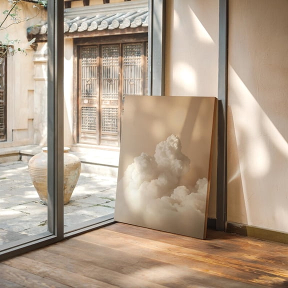 Velto Cream Cloud Tower Canvas, Neutral Beige Sky Wall Art, Minimalist Nursery or Living Room Decor, SIZE 8x10 INCLUDE Pine Wood Frame 1.25-Inch