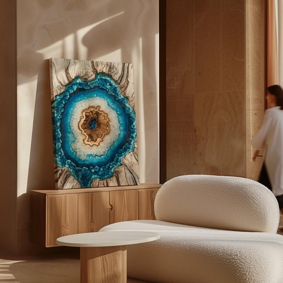 Velto Crystal Geode Tree Ring Canvas Art Stunning Blue and Natural Wood Grain Agate Inspired Modern Wall Decor, SIZE 8x10 INCLUDE Pine Wood Frame 1.25-Inch