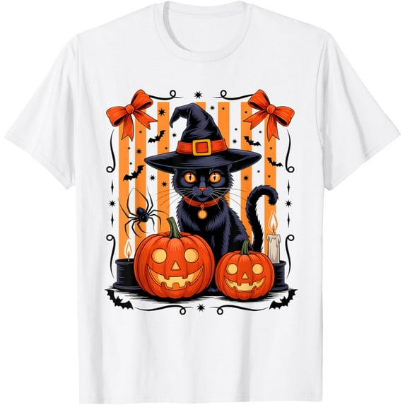 Velto Cute Black Cat Witch Hat Pumpkin Women Girls T-Shirt All Size S-5XL