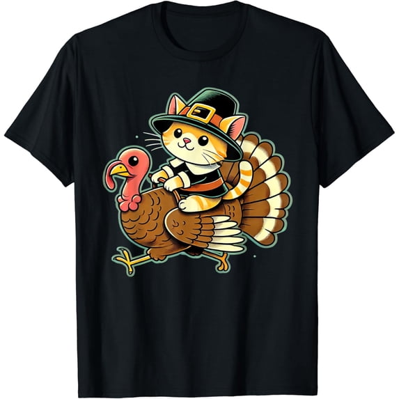 Velto Cute Cat Pilgrim Costume And Turkey Thanksgiving Retro T-Shirt All Size S-5XL