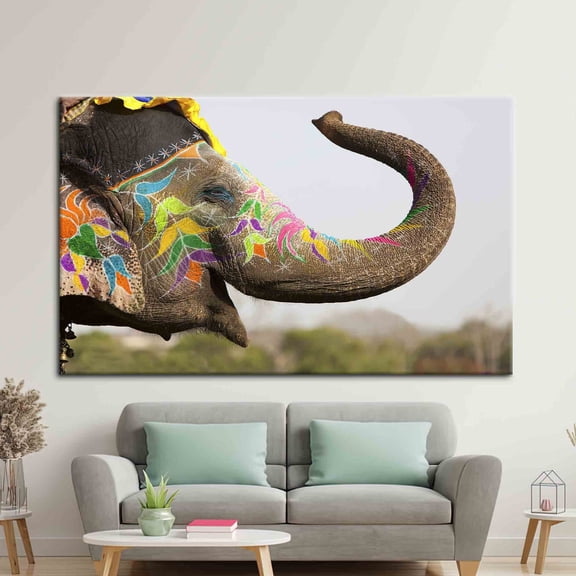 Velto Cute Elephant Canvas Art, Elephant Festival In Jaipur Art, Animal Wall Decor, Ethnic Wall Decor, Colorful Elephant Printed Canvas, 8x12 UNFRAMED