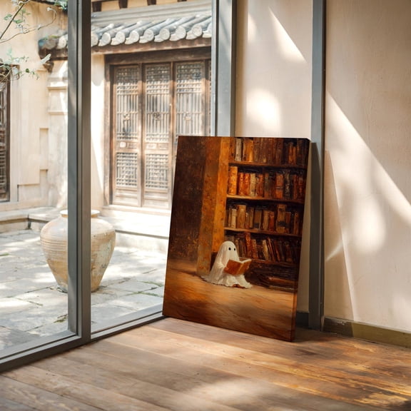 Velto Cute Ghost Reading Art | Whimsical Library Scene For Cozy Autumn Décor Canvas, 12x18 0.75-Inch Pine Wood Frame