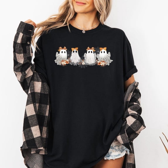 Velto Cute Ghosts Lace Bow Ribbon Spooky Coquette Graphic T-Shirt Girly Aesthetic Fullsize S-5XL Shirt