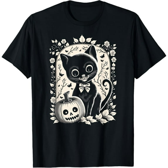 Velto Cute Retro Cat And Pumpkin Jack-o'-lantern T-Shirt All Size S-5XL