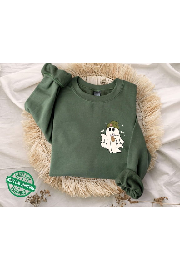Cute Spooky Coffee Sweatshirt, Womens Ghost Sweater, Spooky Season, Fall Coffee Lover Sweater, Happy Holiday Party , Fall Graphic All Size S-3XL