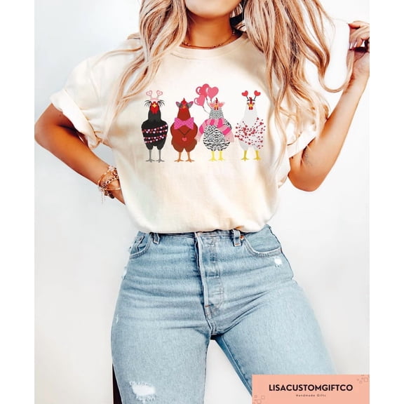 Velto Cute Valentine Chickens T-Shirt Farm Animal Graphic Tee for Pet Lovers and Holiday Outfits, Full Size S-5XL
