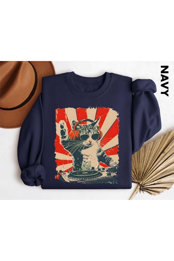 DJ Cat Sweater, Perfect DJ Gift, DJ Cat Sweatshirt, Music Playing Cat Sweater, Cat Tee, Animal Lover Gift, Cute Cat Sweater All Size S-5XL