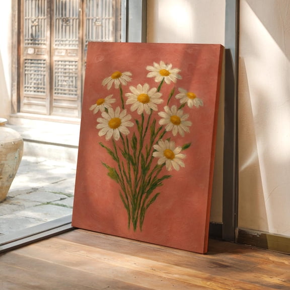 Velto Daisy Flower Canvas Art Vintage Botanical Illustration White Daisies on Pink Background Cottagecore Inspired Wall Decor, SIZE 12x16 INCLUDE Pine Wood Frame 1.25-Inch