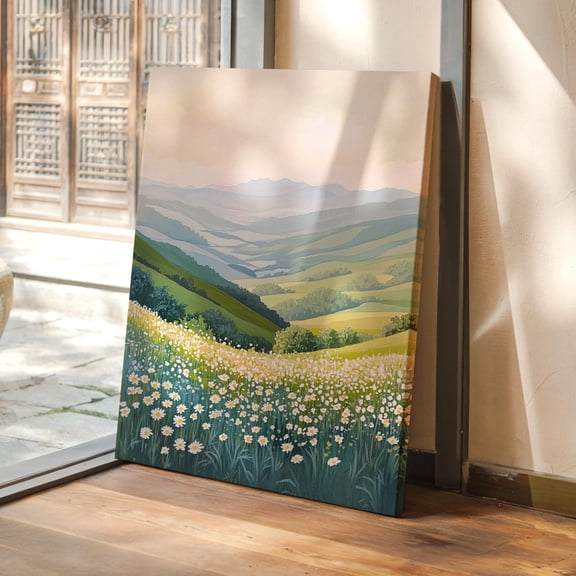 Velto Daisy Meadow Canvas – Peaceful Pastel Landscape of Rolling Hills and Wildflowers in Soft Morning Light, SIZE 12x16 INCLUDE Pine Wood Frame 0.75-Inch