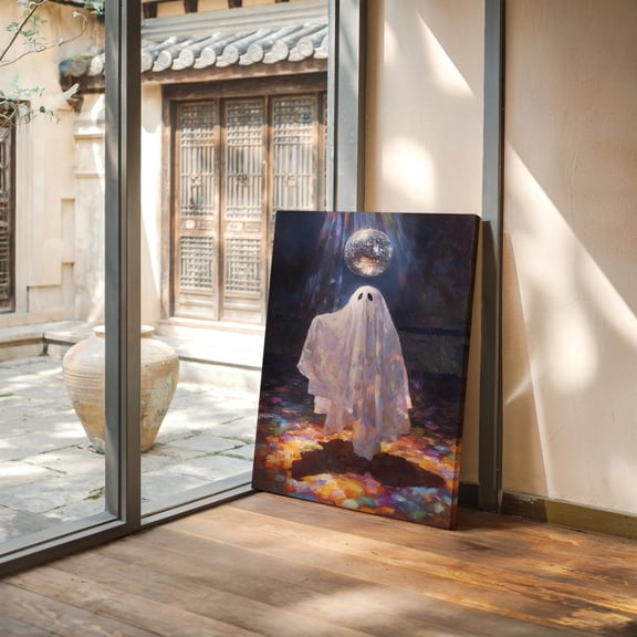 Velto Dancing Ghost Under Disco Ball | Whimsical Party Art Canvas, 12x18 0.75-Inch Pine Wood Frame