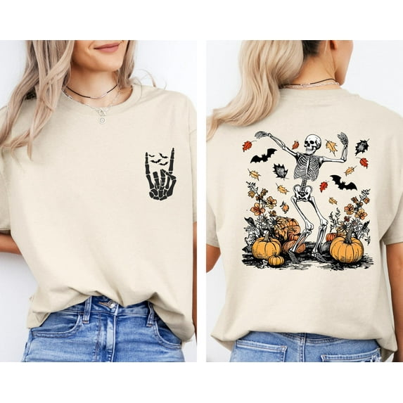 Velto Dancing Skeleton Pumpkin Shirt,Skull Happy Holiday Shirt,Skeleton Hand T-Shirt,Happy Holiday Skeleton Shirt, Happy Holiday Party Tee,Spooky Season Shirt All Size S-5XL