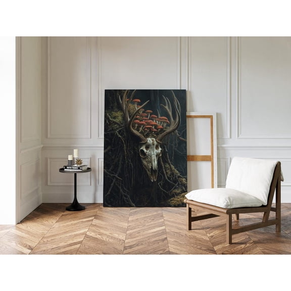 Velto Dark Forest Skull with Mushrooms Canvas Art Gothic Fantasy Dark Academia Witchcore Decor, SIZE 8x12 INCLUDE Pine Wood Frame 1.25-Inch