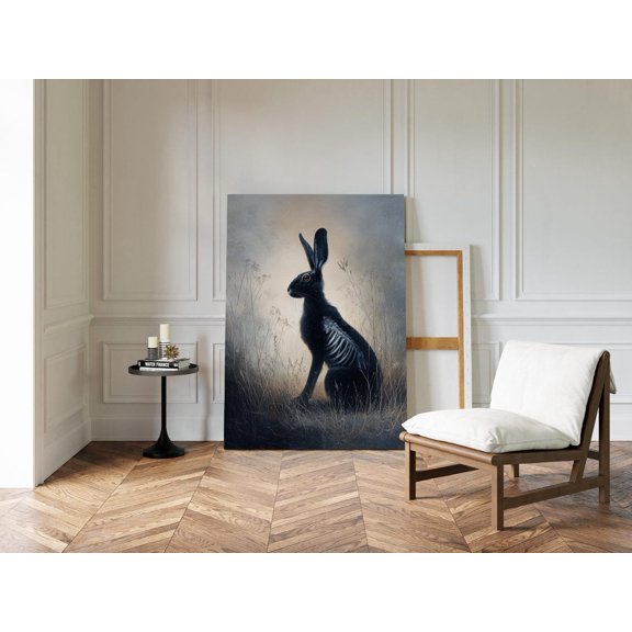 Velto Dark Skeleton Rabbit Art – Gothic Black Hare Wall Decor – Spooky Surreal Woodland Animal Illustration Canvas, 8x10 0.75-Inch Pine Wood Frame