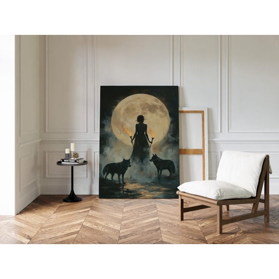 Velto Dark Witch Moon Canvas Wall Art Mystical Gothic Fantasy Décor Canvas, SIZE 12x18 INCLUDE Pine Wood Frame 0.75-Inch