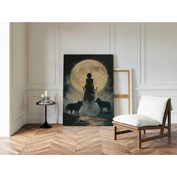 Velto Dark Witch Moon Canvas Wall Art Mystical Gothic Fantasy Décor Canvas, SIZE 8x10 INCLUDE Pine Wood Frame 1.25-Inch