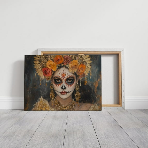 Velto Day of the Woman Portrait Canvas Art Vibrant Sugar Skull Inspired Mexican Cultural Heritage Wall Decor, SIZE 16x24 INCLUDE Pine Wood Frame 1.25-Inch