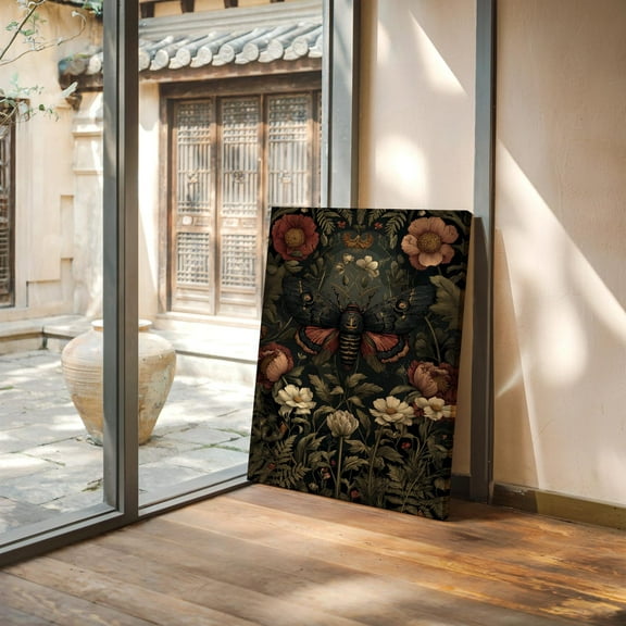 Velto Death’S-Head Moth And Botanical Floral Art, Gothic Insect Wall Decor, Dark Vintage Nature Illustration, Witchcore Moth Artwork Canvas, 8x10 UNFRAMED