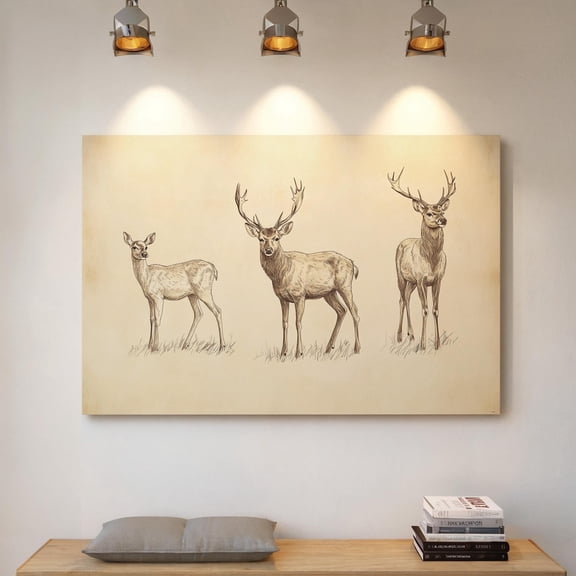 Velto Deer Sketch Canvas Wall Art Rustic Wildlife Trio Neutral Toned Animal Design Nature Inspired Country Home Decor, SIZE 12x16 INCLUDE Pine Wood Frame 1.25-Inch