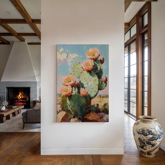 Velto Desert Cactus Flower Canvas, Prickly Pear, Southwest Boho Rustic Floral Decor, Vintage Western Botanical Canvas, 16x24 0.75-Inch Pine Wood Frame