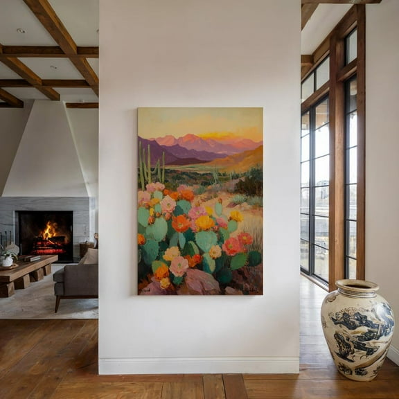 Velto Desert Cactus Flower Canvas Wall Art Vibrant Southwest Landscape with Blooming Cacti Mountains and Sunset Glow, SIZE 8x10 INCLUDE Pine Wood Frame 0.75-Inch