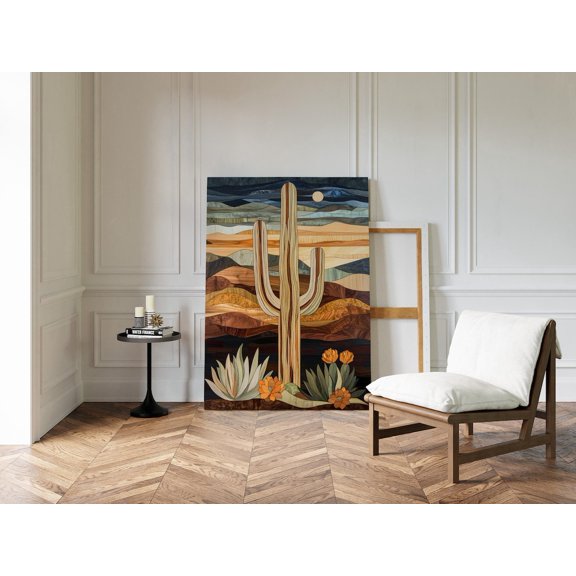 Velto Desert Cactus Wall Art With Wood Texture, Modern Southwest Landscape, Colorful Saguaro Canvas For Boho Or Western Home Decor Canvas, 8x12 0.75-Inch Pine Wood Frame