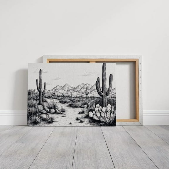 Velto Desert Landscape Ink Drawing Black and White Cactus Art Western Mountain Scene Southwest Wall Decor Rustic Country Home, SIZE 8x12 INCLUDE Pine Wood Frame 1.25-Inch