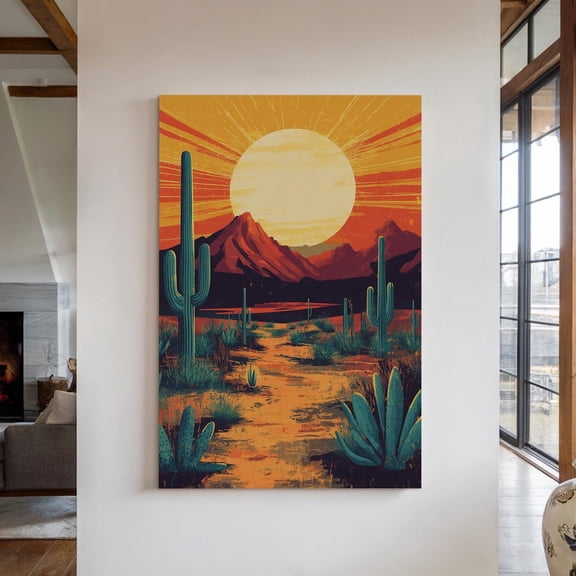 Velto Desert Sunset Cactus Canvas Art Bold Southwestern Landscape Vibrant Mountain and Desert Scene Wall Decor, SIZE 12x18 INCLUDE Pine Wood Frame 1.25-Inch
