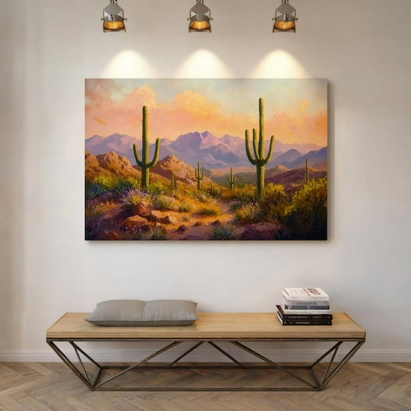 Velto Desert Sunset Canvas Art Saguaro Cactus Landscape Southwest Mountain Scene Wall Decor Vintage Style, SIZE 12x16 INCLUDE Pine Wood Frame 1.25-Inch