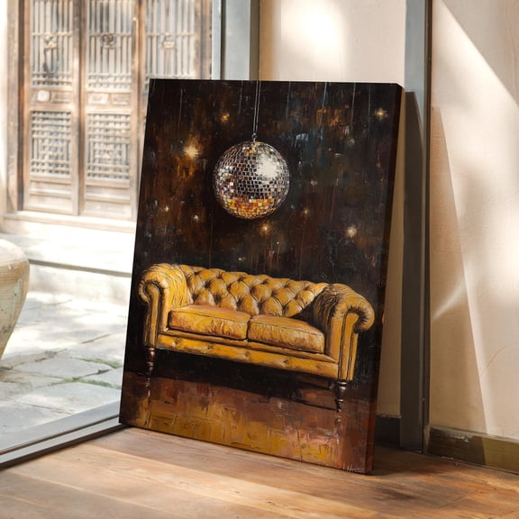Velto Disco Ball Canvas Art - Luxe Yellow Chesterfield Sofa & Retro Sparkle, Glamorous Artwork For Modern Living Room Decor Canvas, 12x18 0.75-Inch Pine Wood Frame