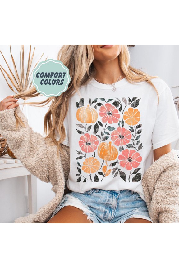 Distressed Fall Pumpkins Graphic Shirt - Autumn T-Shirt with Retro Botanical Graphic Image, Autumn Pumpkins Trendy Shirt All Size S-5XL