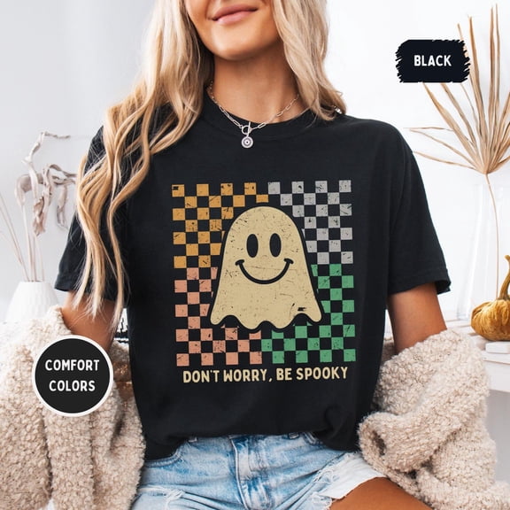 Velto Don't Worry Be Spooky Ghost Shirt - Retro happy holiday Tee, , Vintage Distressed Smiley Ghost, Unisex Fall Graphic All Size S-5XL