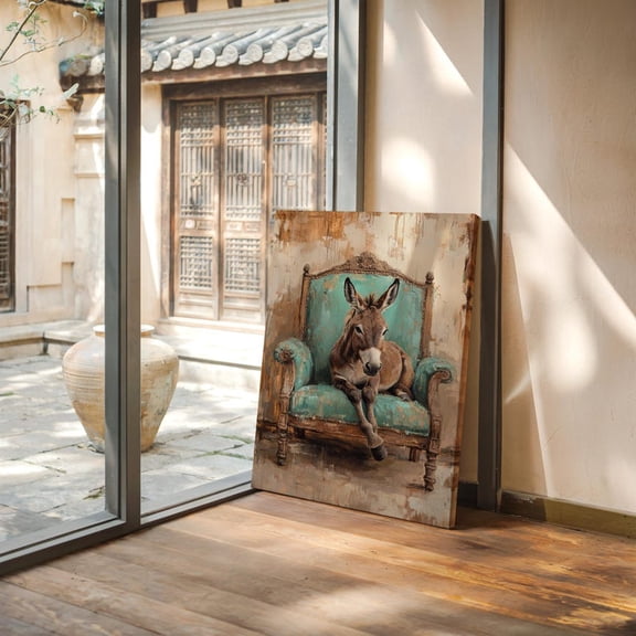 Velto Donkey Canvas Wall Art Rustic Farm Animal on Teal Chair Vintage Country Home Decoration, SIZE 16x24 INCLUDE Pine Wood Frame 0.75-Inch