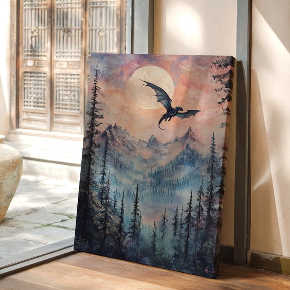 Velto Dragon in Forest Canvas Art Fantasy Moonlit Illustration Soaring Creature Enchanted Mountain Scene Wall Decor, SIZE 16x24 INCLUDE Pine Wood Frame 1.25-Inch