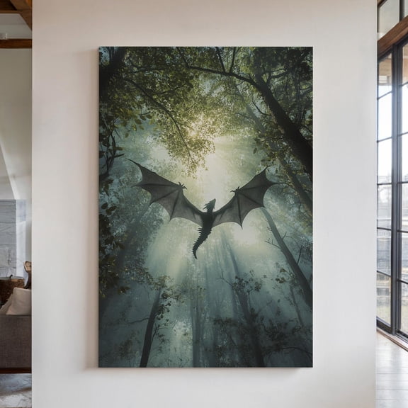 Velto Dragon In Enchanted Sunlit Forest Canvas Art - Mystical Fantasy Wall Decor For Dragon And Nature Lovers Canvas, 8x10 0.75-Inch Pine Wood Frame