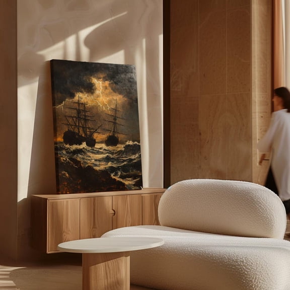 Velto Dramatic Tall Ships in Stormy Seas - Nautical Wall Art of Sailing Vessels Amidst Lightning and Waves - Maritime Adventure Canvas, SIZE 12x16 INCLUDE Pine Wood Frame 0.75-Inch