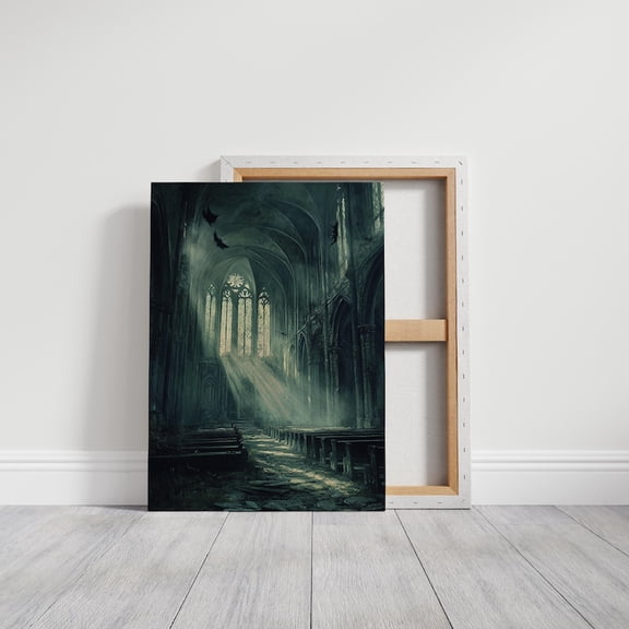 Velto Eerie Gothic Cathedral Canvas Art - Abandoned Church with Sunlit Beams and Bats, Vintage Gothic Decor for Dark Interiors, SIZE 8x10 INCLUDE Pine Wood Frame 1.25-Inch