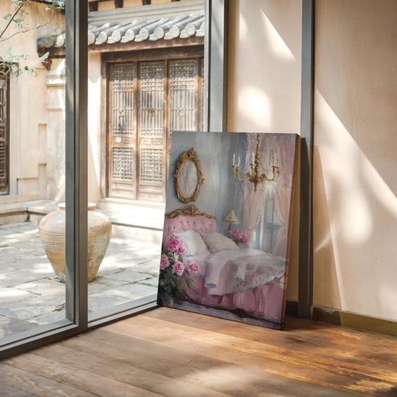 Velto Elegant Bedroom Canvas Wall Art Vintage Rococo Interior Illustration Romantic Feminine Victorian Inspired Decoration, SIZE 8x10 INCLUDE Pine Wood Frame 1.25-Inch